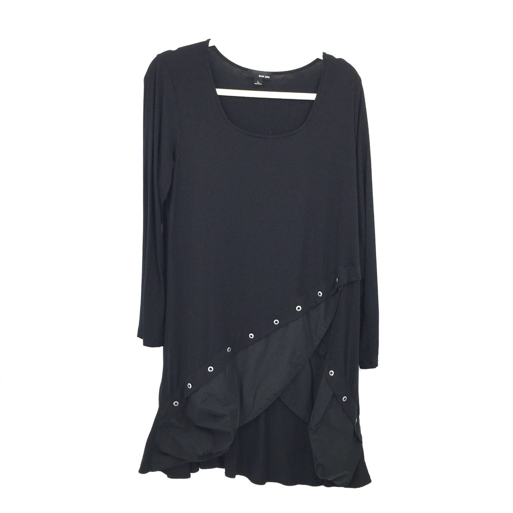Sun Kim made in USA lagenlook top boho whimsigoth witchy asymmetrical black‎ L